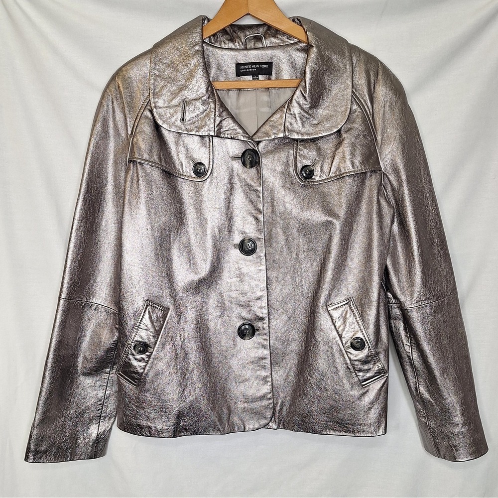 Jones New York 100% Leather L Silver Button Front Jacket Mid Coat Metallic Large